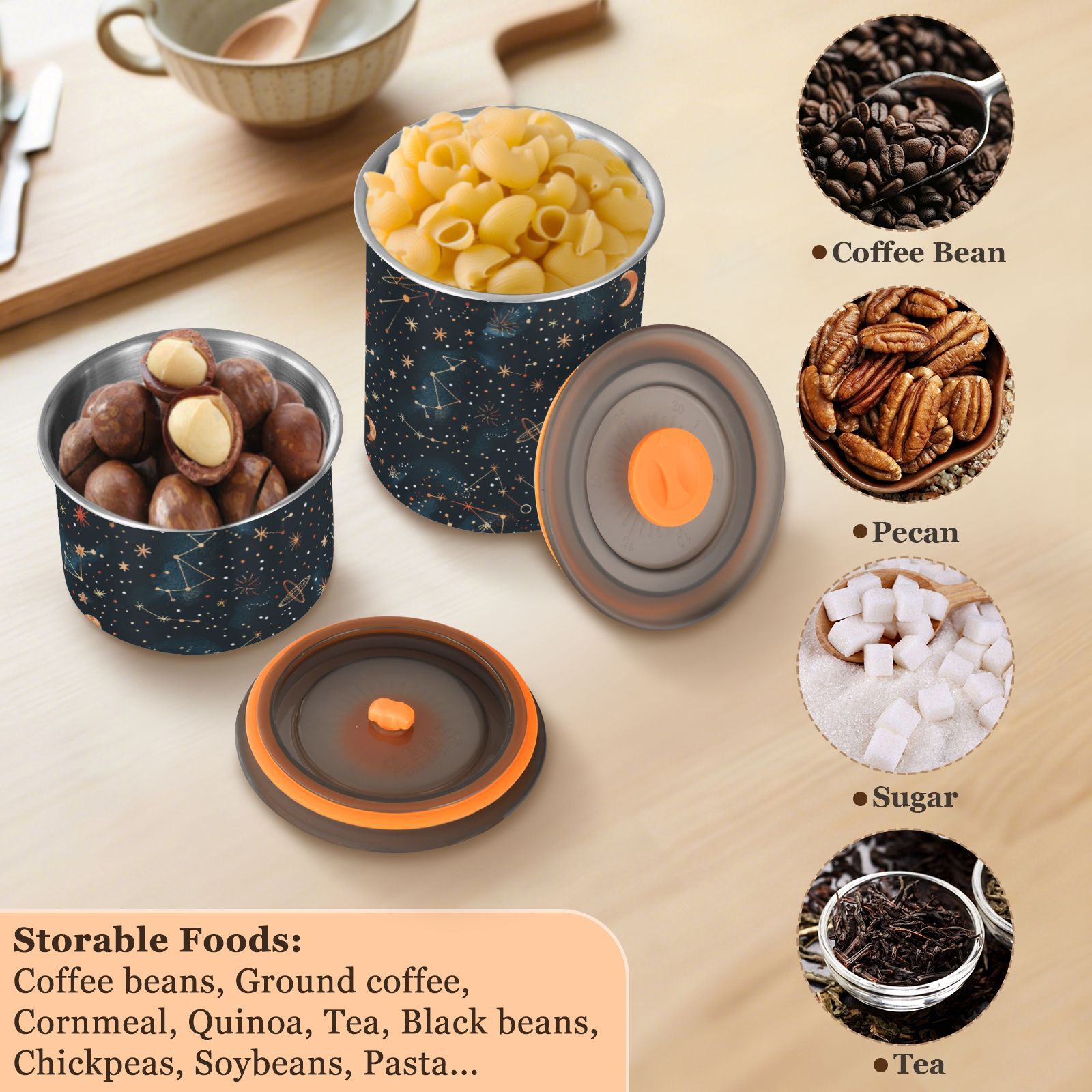 Constellation Moon Stars Airtight Coffee Bean Canister 30oz Food Storage Containers with Lids For Gournd, Tea, Sugar, Flour, Rice, Cereal, Candy Cookie Jar