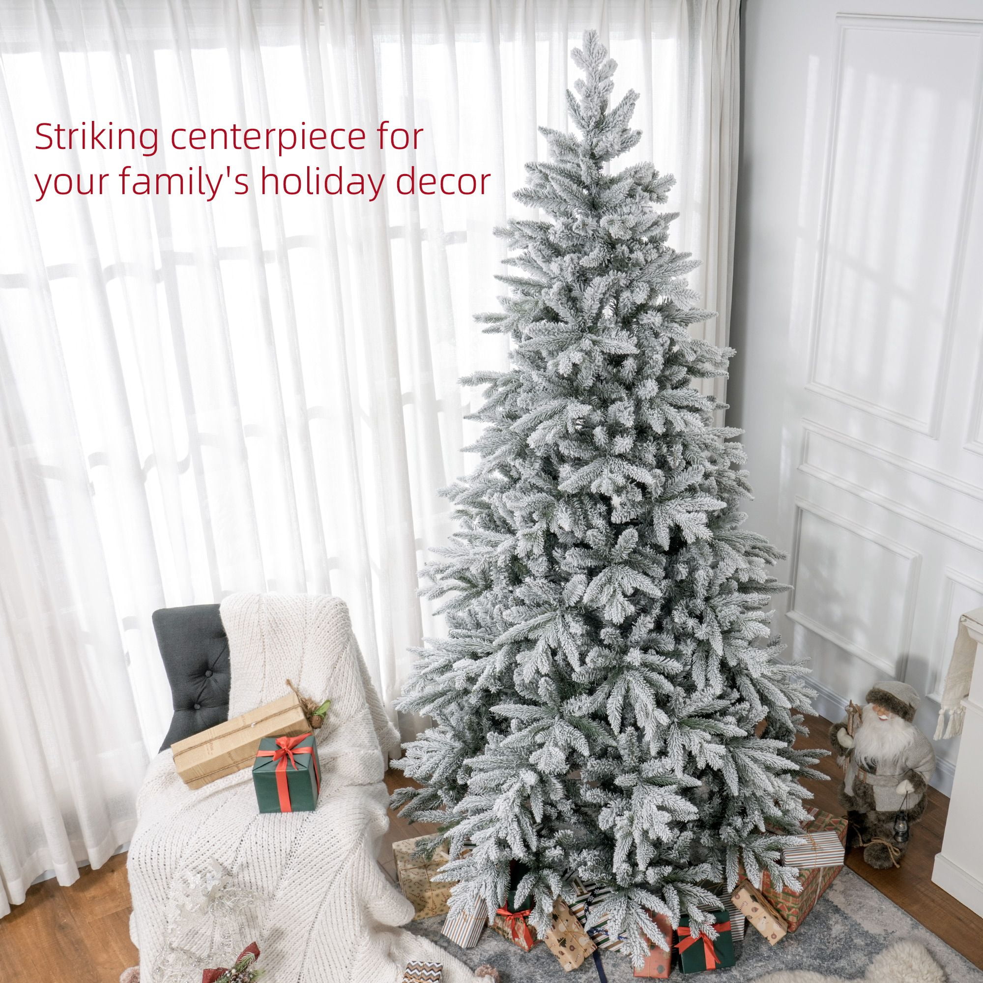 8 ft Snow Flocked Christmas Tree with 2003 Tips, Hinged Easy Assembly, Flame Retardant, Indoor Holiday Decor
