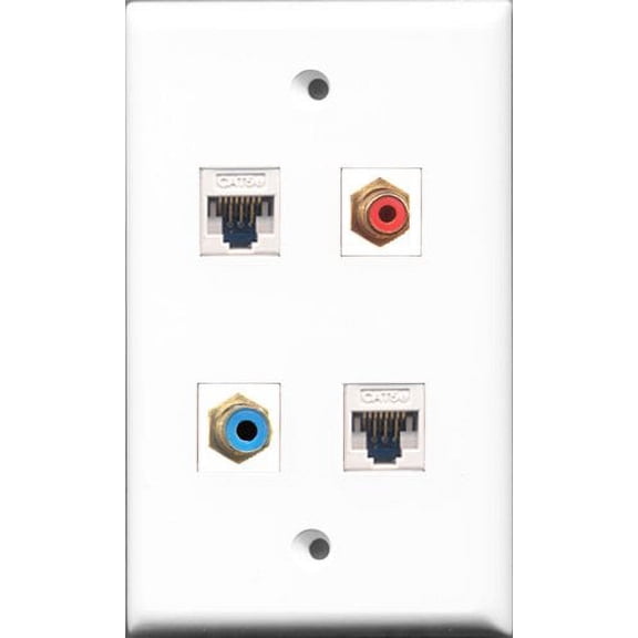 RiteAV 1 Port RCA Red and 1 Port RCA Blue 2 Port Cat5e Ethernet White Wall Plate