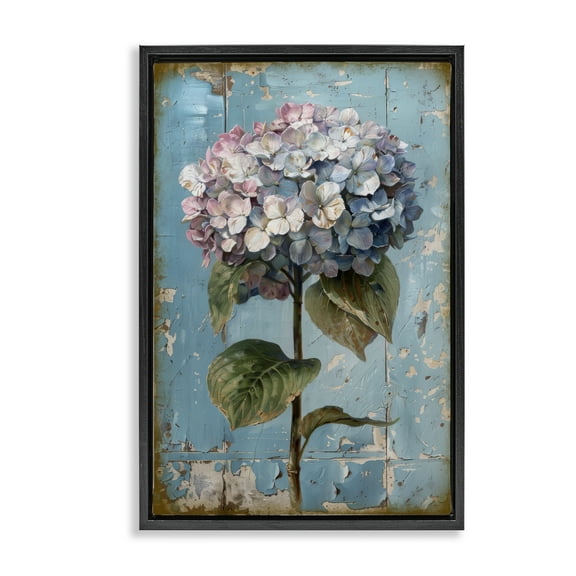 Stupell Industries Hydrangea on Distressed Plants & Flowers Painting Black Floater Framed Canvas Art Print Wall Art, 17 x 25