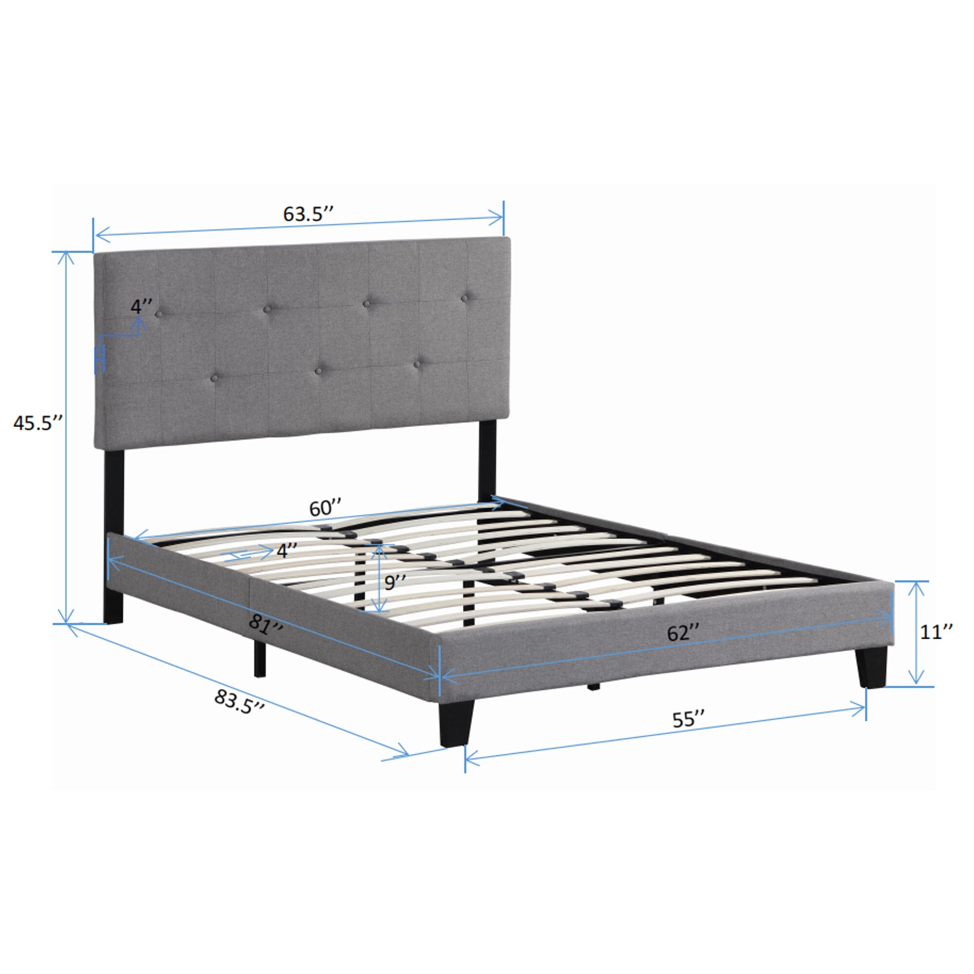 Queen Size Adjustable Bed Base, Queen Size Upholstered Platform Bed Frame with Button Tufted Linen Fabric Headboard, No Box Spring Needed, Wood Slat Support, Easy Assembly, Gray, Gray Bed Frames