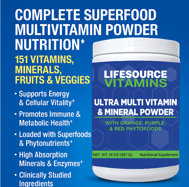 LifeSource Vitamins Ultra Mineral & Multivitamin Powder with Phytos – Naturally Flavored Vitamin Powder for Immune Support - 14 oz