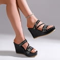 thumbnail image 3 of Rokment Womens Sparkly Sequin Wedge High Heels Slides Sandals Bride Wedding Bling Leather Braided Band Open Toe Platform Chunky Slip on Heeled Summer Dressy Shoes for Ladies Black Size 6, 3 of 7