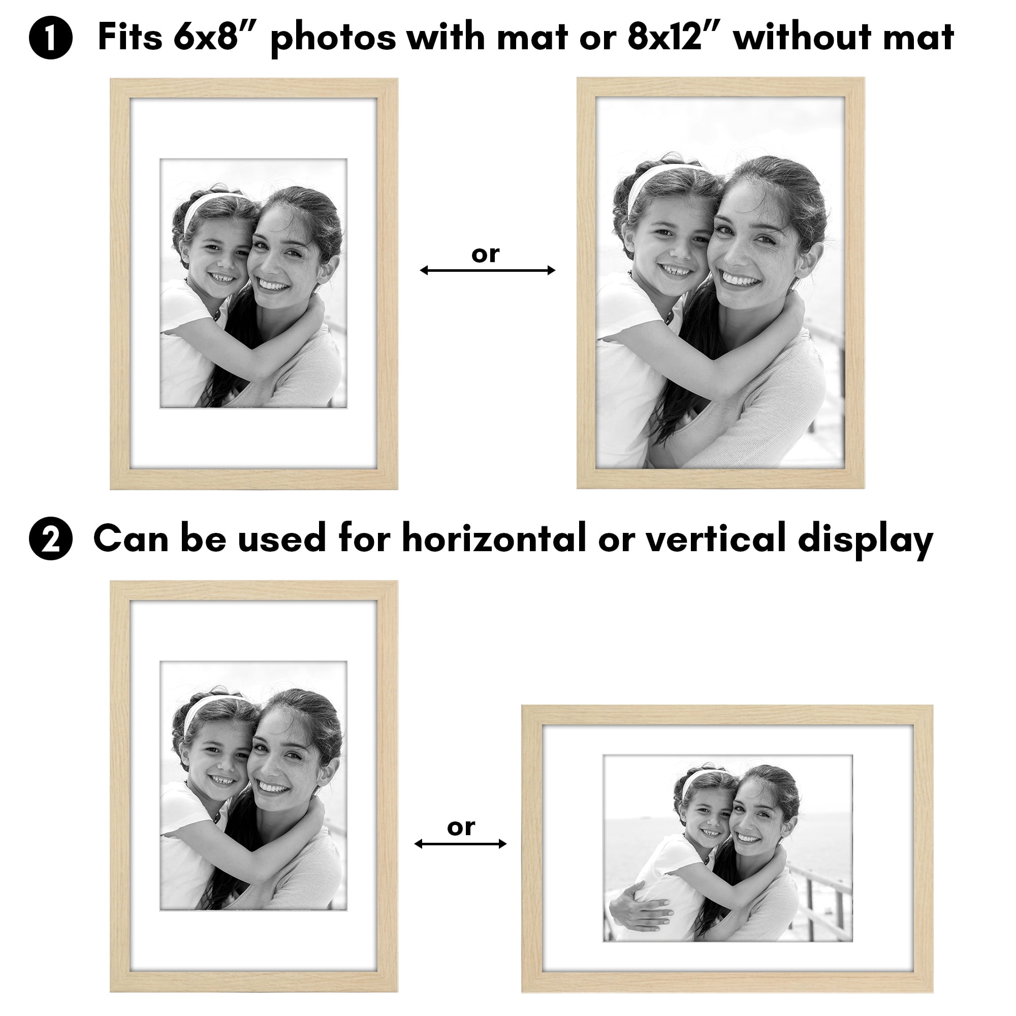 Americanflat 8x12 Picture Frame with Polished Plexiglass with 6x8 Mat 5 Pack Display Photo Wall - Natural Oak