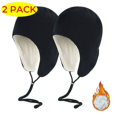 Voofly 2 Pack Black Hats Unisex Winter Hats with Ear Flaps Head Warmer Snowboarding Gear Helmet Liner Winter Hat with String Men Womens