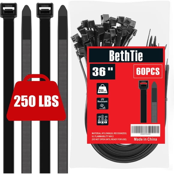 Bridas con cremallera BethTie negras de 36 pulgadas, 250 libras, resistentes, 60 unidades