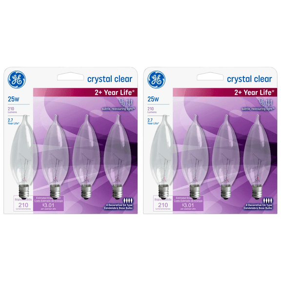 GE Crystal Clear Bent Tip Candelabra Light Bulbs 25W CA10 E12 Incandescent, 2 Pack (4 Bulbs per Pack)