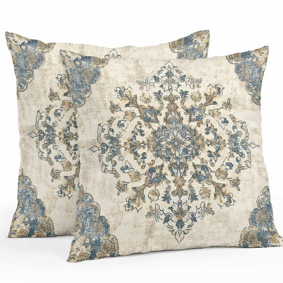 Blue Boho Waterproof Outdoor Throw Pillow Covers 16''x16'' Pack 2, Pillow Cases Throw Cushion Cover with Zipper, Ethnic Southwestern Geometric Vintage Washable Pillowcase for Poolside Sofa