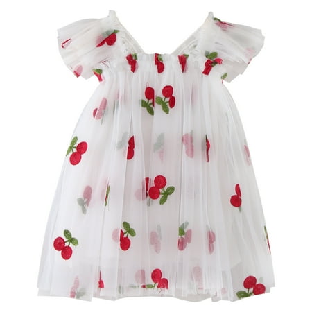 

ZMHEGW Party Dresses For Toddler Girls Fly Sleeve Butterfly Cherry Embroidery Tulle Dance Party Princess Clothes Sun Dress