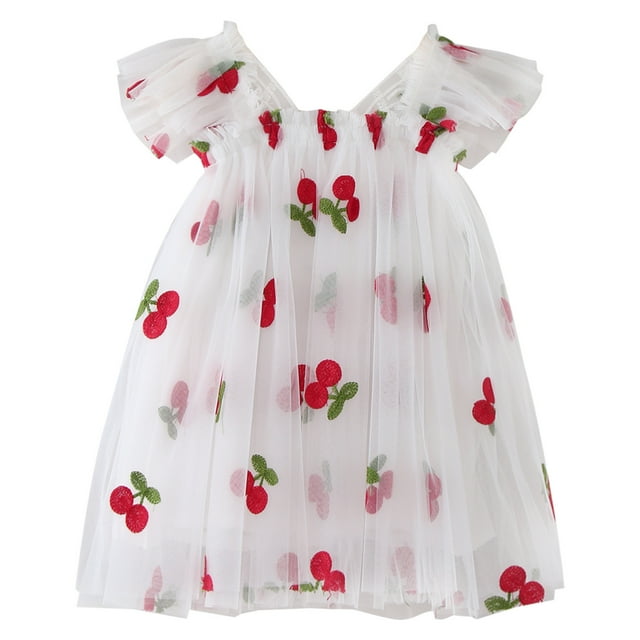 WEAIXIMIUNG Belle Robes pour Filles 12 Robe à Manches Volantées pour Tout-Petites avec Broderie de Cerises Robe de Danse Robes de Fête Vêtements
