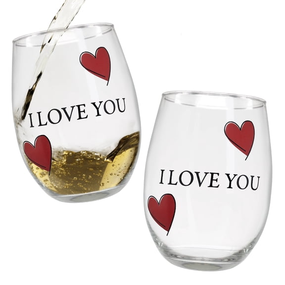 Lover's Wine Glass Set - I Love You - Set of 2 - Stemless Wine Glasses with Decorative Hearts - Mr. & Mrs. - His and Her Romantic Glassware 20 oz