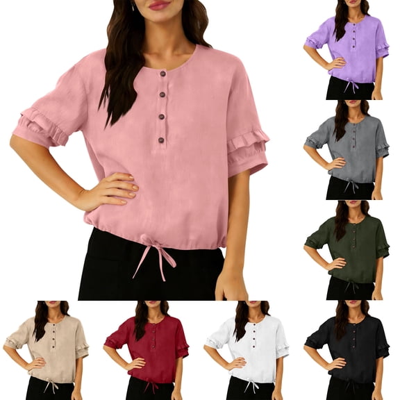 Agkizg Women's Linen Cottons Blouse Crew Neck Short Sleeve Ruffle Pocket Solid Color Casual Top