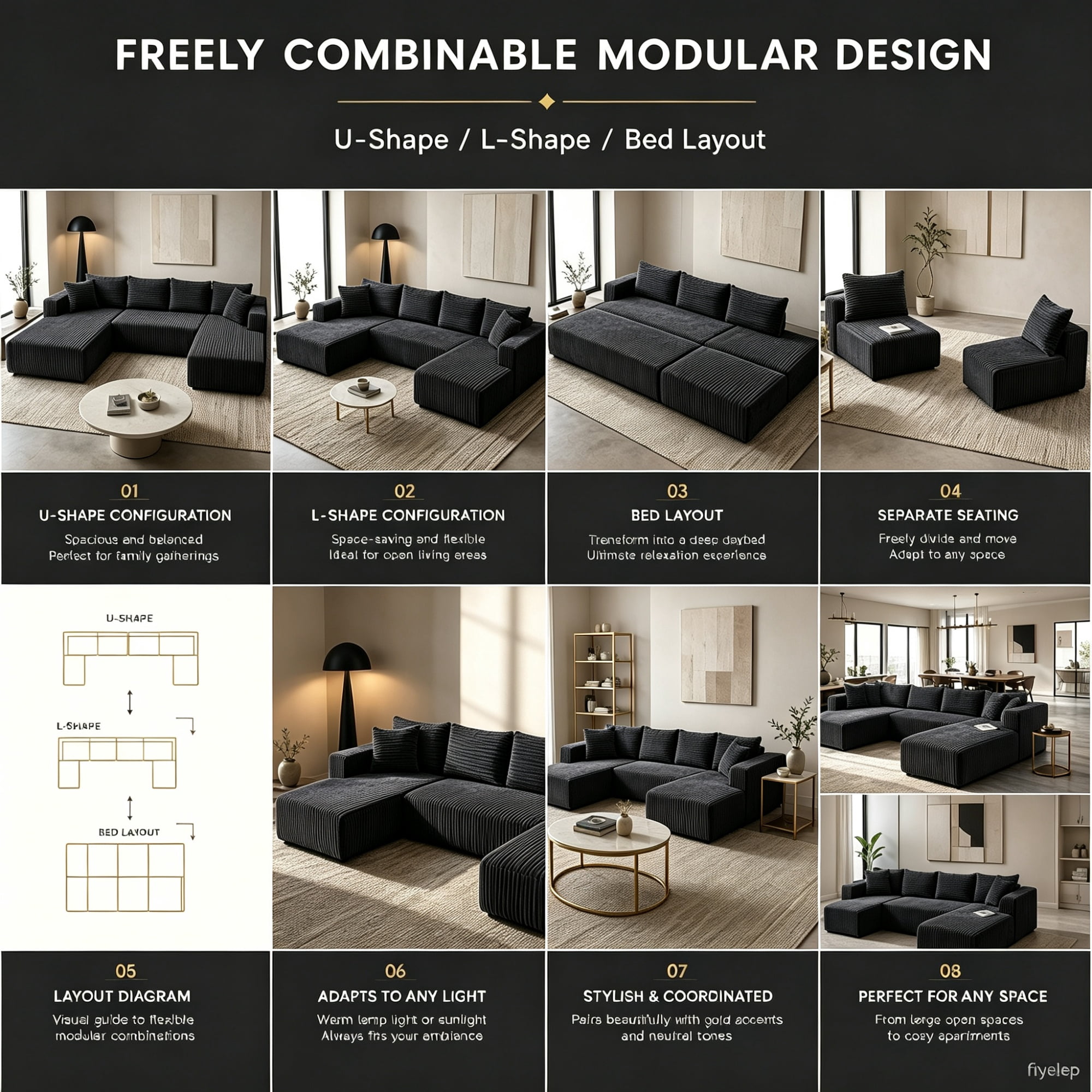 Garitin Modular Sectional Sofa 132 Inch U-Shaped, No Assembly Required Corduroy Couch with Double Chaise and Deep Seat for Living Room Apartment, Black