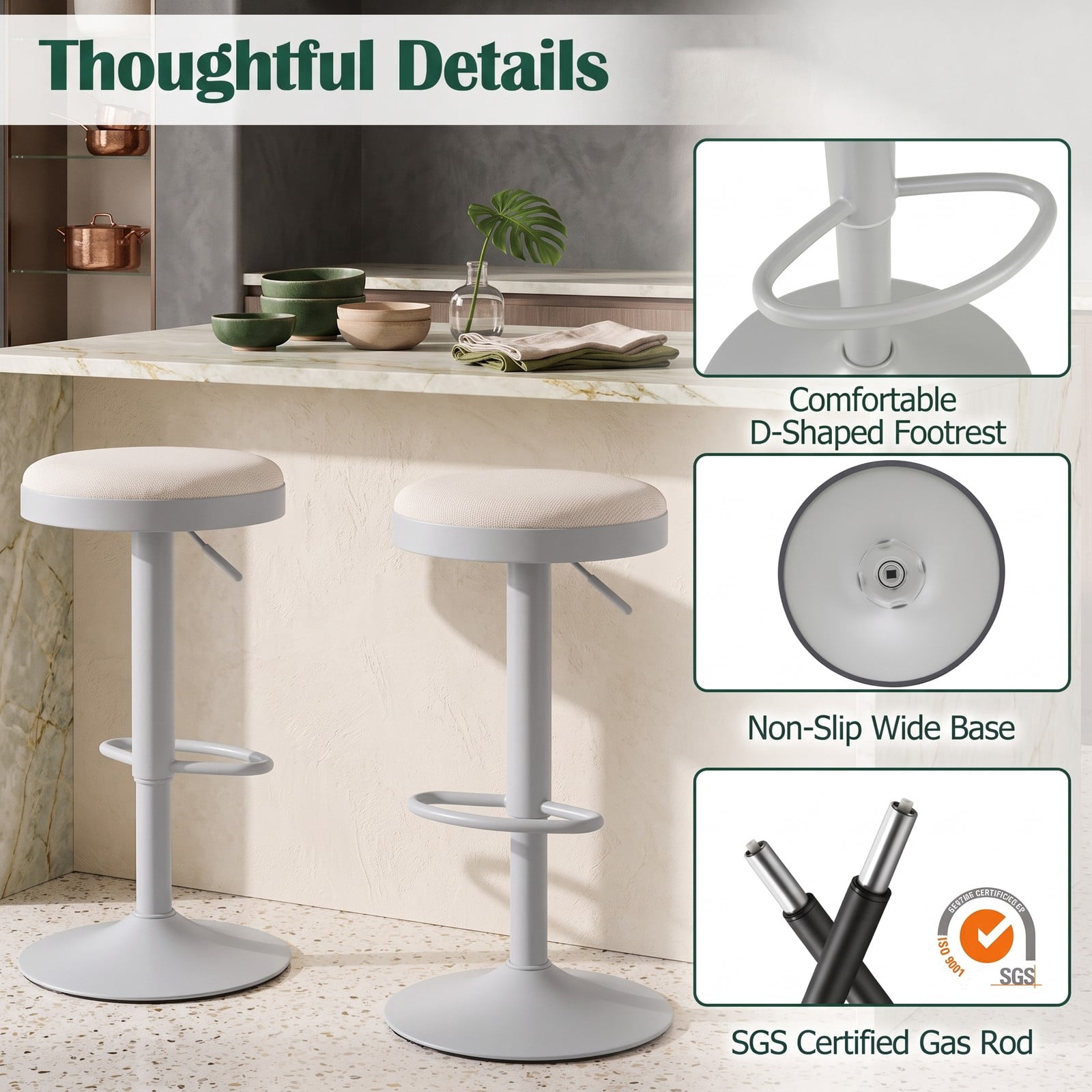 Furnibear Set of 2 Counter Height Bar Stools, Adjustable 360 Swivel Stools with Padded Breathable Seat, D-Shaped Footrest for Kitchen Island and Bar, 330 lb, Gray