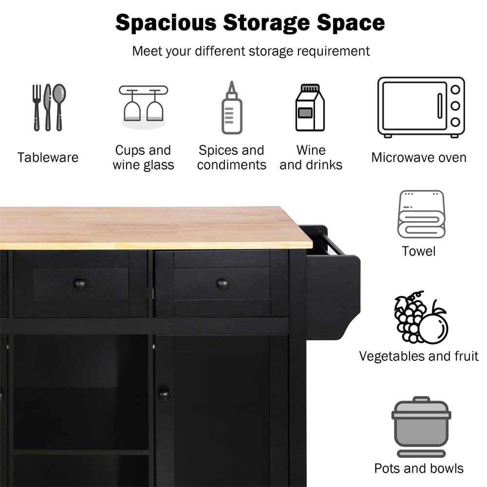 53.1" Kitchen Island Cart with Large Tabletop and Locking Wheels, Kitchen Trolley Cart with 4 Doors Cabinet & 2 Storage Drawers, Spice Rack & Towel Rack, Rolling Kitchen Island Cart, Black