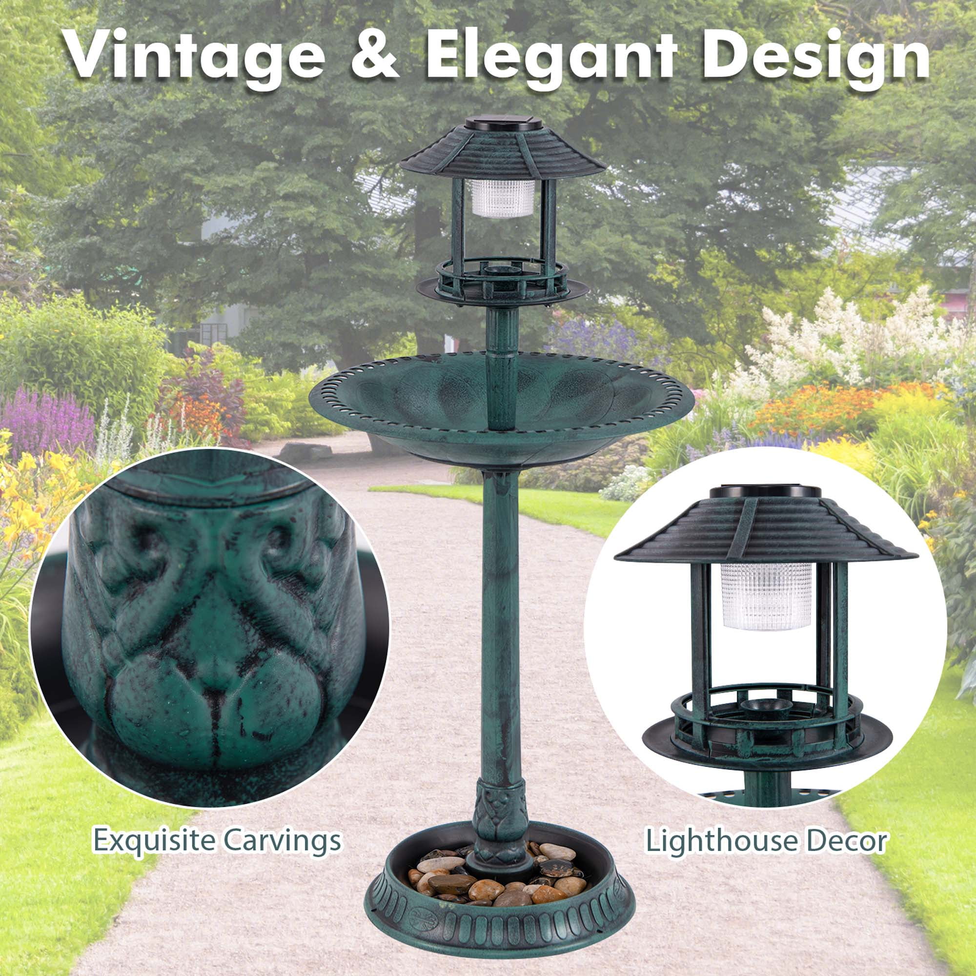 Costway 3-In-1 Pedestal Bird Bath with Solar Light with Bird Feeder & Flower Planter Bronze