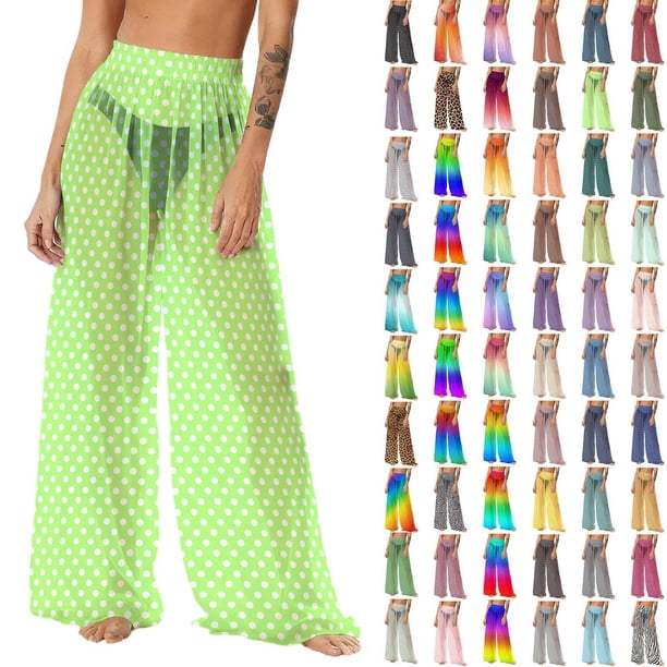 Pincandy Women See Through Sheer Mesh Pants Beach Swimsuit Bikini Bottom Cover up Party Club Elastic High Waist Wide Leg Pants