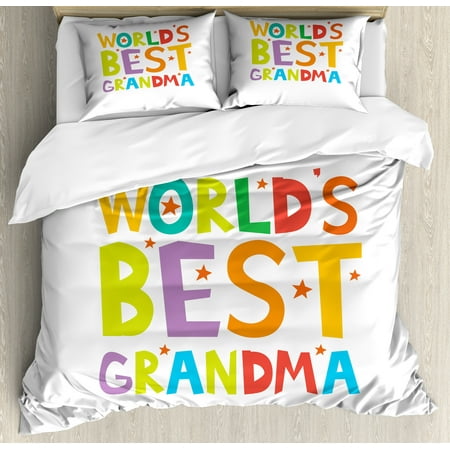 Grandma Queen Size Duvet Cover Set, Cartoon Style Lettering Worlds Best Grandma Quote with Stars Colorful Illustration, Decorative 3 Piece Bedding Set with 2 Pillow Shams, Multicolor, by