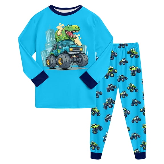KPOPLK Toddler Baby Boys Pajamas Winter Truck Print Long Sleeve Pjs Sleepwear Kids Loungewear Shirt Pants Sets Clothes Sky Blue Size 7-8 Years