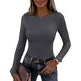 thumbnail image 3 of WULMLEO Long Sleeve Shirts for Women Crew Neck Fitted Tight Casual T Shirts Comfy Lightweight Workout Tees Y2K Clothes Dark Gray L, 3 of 5