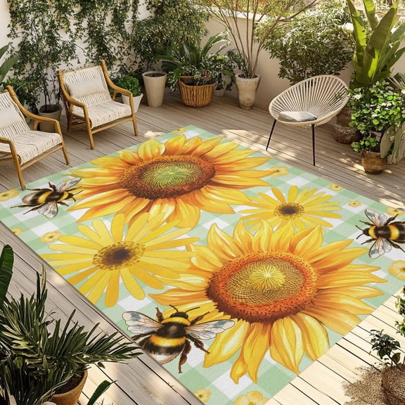 Sunflower Outdoor Rug for Patio/Deck/Porch, Non-Slip Large Area Rug 5 x 7 Ft, Yellow Flowers Elegant Pastoral Botanical Indoor Outdoor Rugs Washable Area Rugs, Reversible Camping Rug Carpet Runner