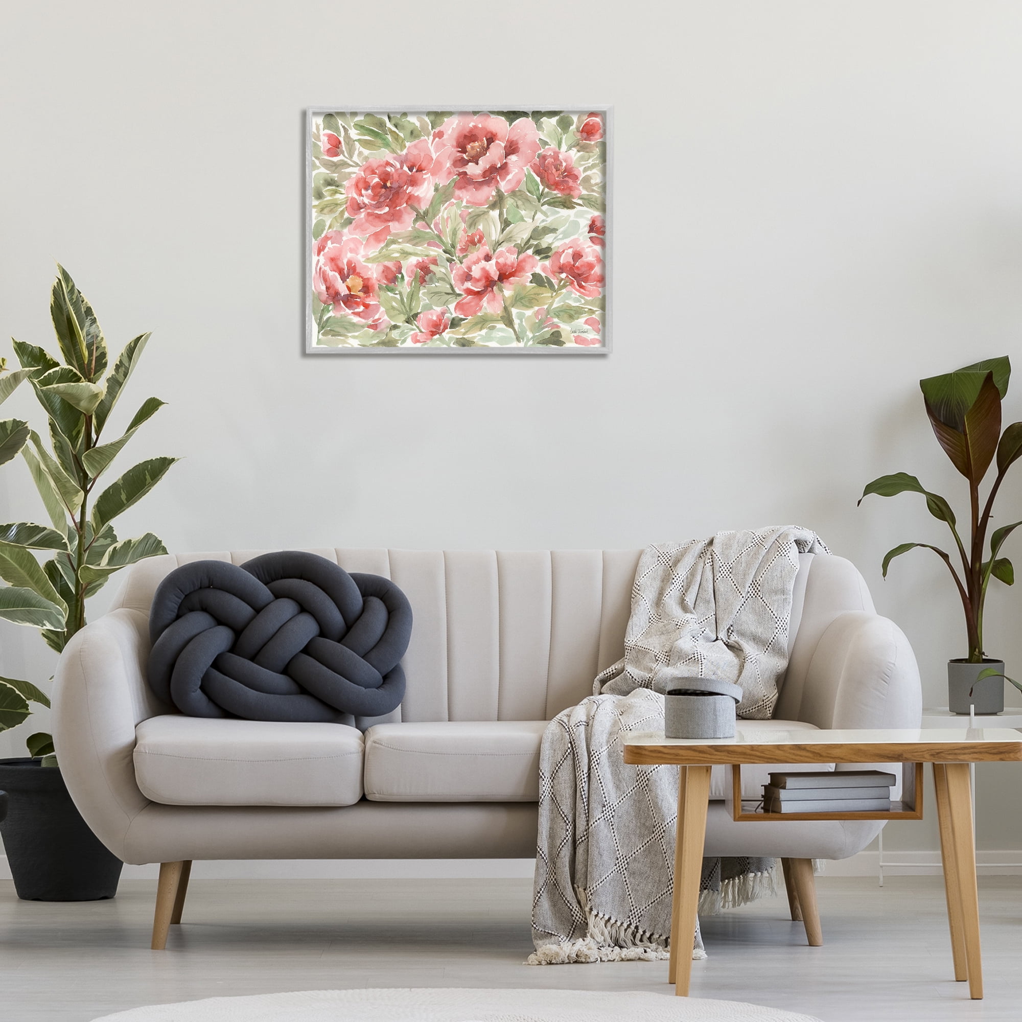 Stupell Industries Pink Peonies Pattern Botanical & Floral Painting Gray Framed Art Print Wall Art, 30 x 24