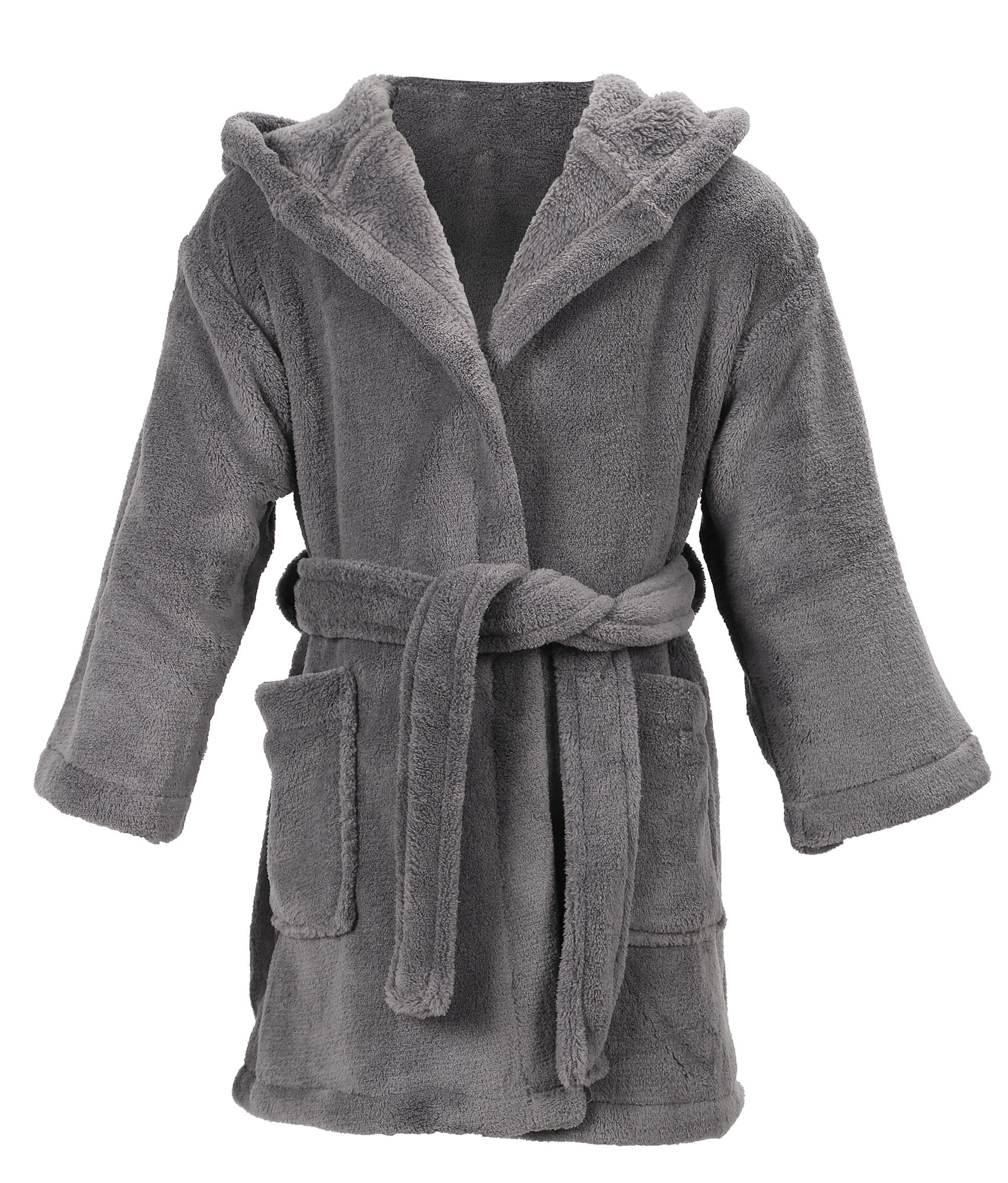Unisex Kids Coral Velvet Hooded Bathrobe Robe with Hood & Pockets,Grey