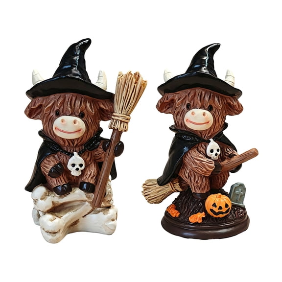 Highland Cow Fall Decor Figurines 2Pcs, Halloween Resin hand painted, Rustic Home Decor
