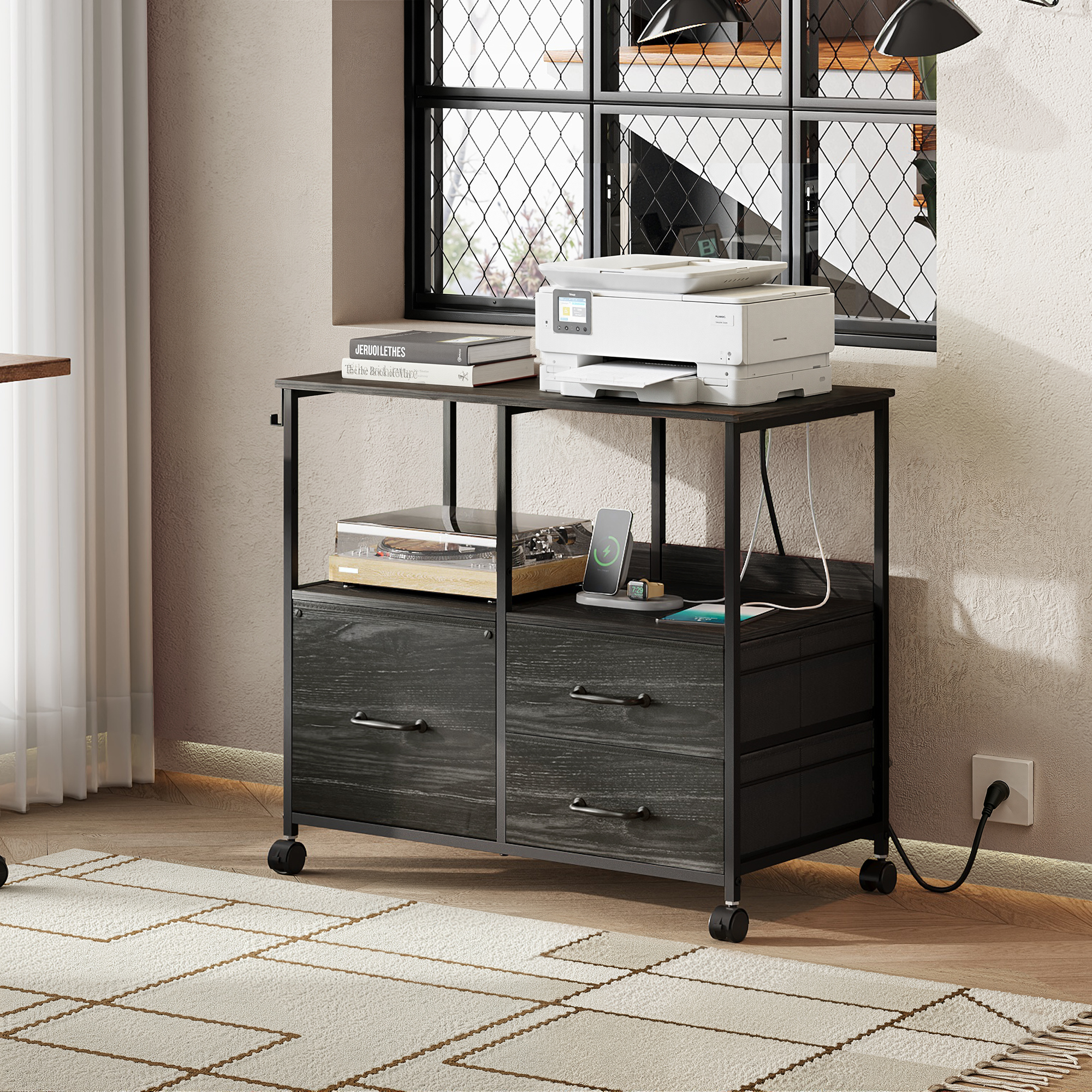 GALAXHERO 3 Drawer File Cabinet with Charging Station, Mobile Printer Stand with Storage Shelves, Filing Cabinet Furniture for Home Office, Fits Letter/A4, Black Wood Grain Print