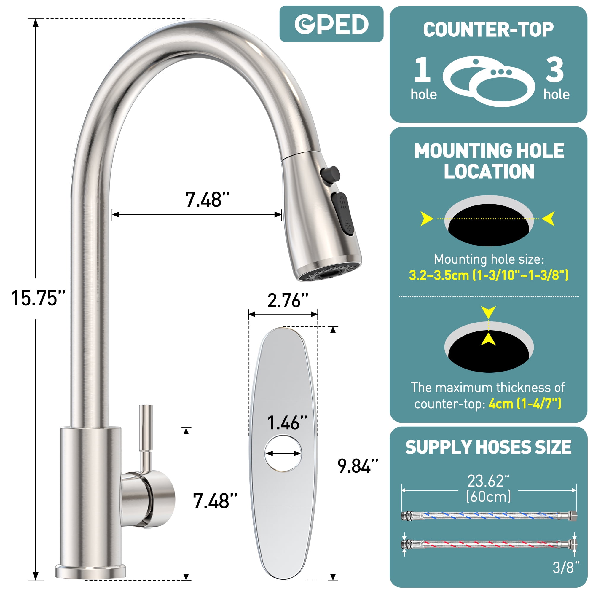 Kitchen Faucet with Soap Dispenser, 3-Mode Kitchen Sink Faucet with Pull Down Sprayer, SUS304 Stainless Steel, High Arc Single Handle  Faucet w/ Deck Plate &Water Lines for RV Laundry,Brushed Nickel