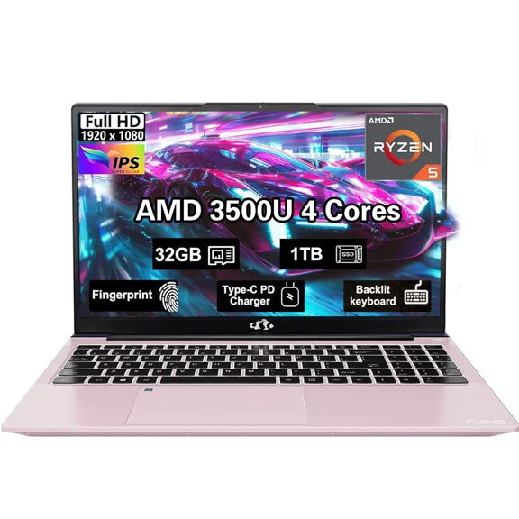 15.6" FHD Business Laptop Computer AMD Ryzen 5 3500U 32GB RAM 1TB SSD Windows 11 Backlit Keyboard Fingerprint Reader 65W PD Lightweight Computer for Work and Student RoseGold