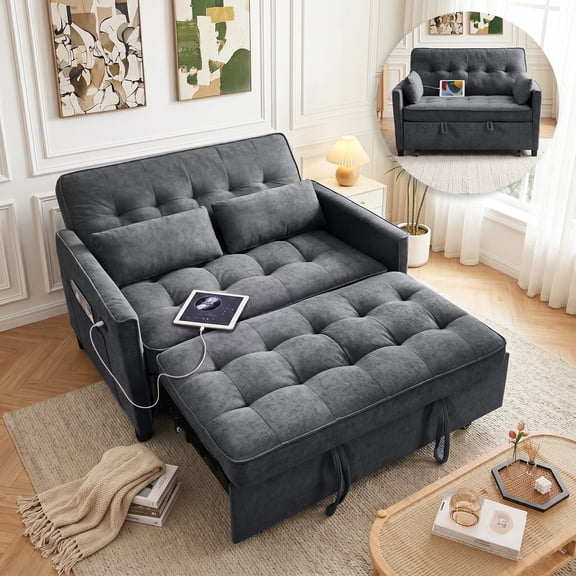 avobird 55'' 3 in 1 Pull Out Sofa Bed, Convertible Couch with Adjustable Backrest/Side Pockets/USB Charging Ports, Sleeper Sofa for Living Room, Dark Gray