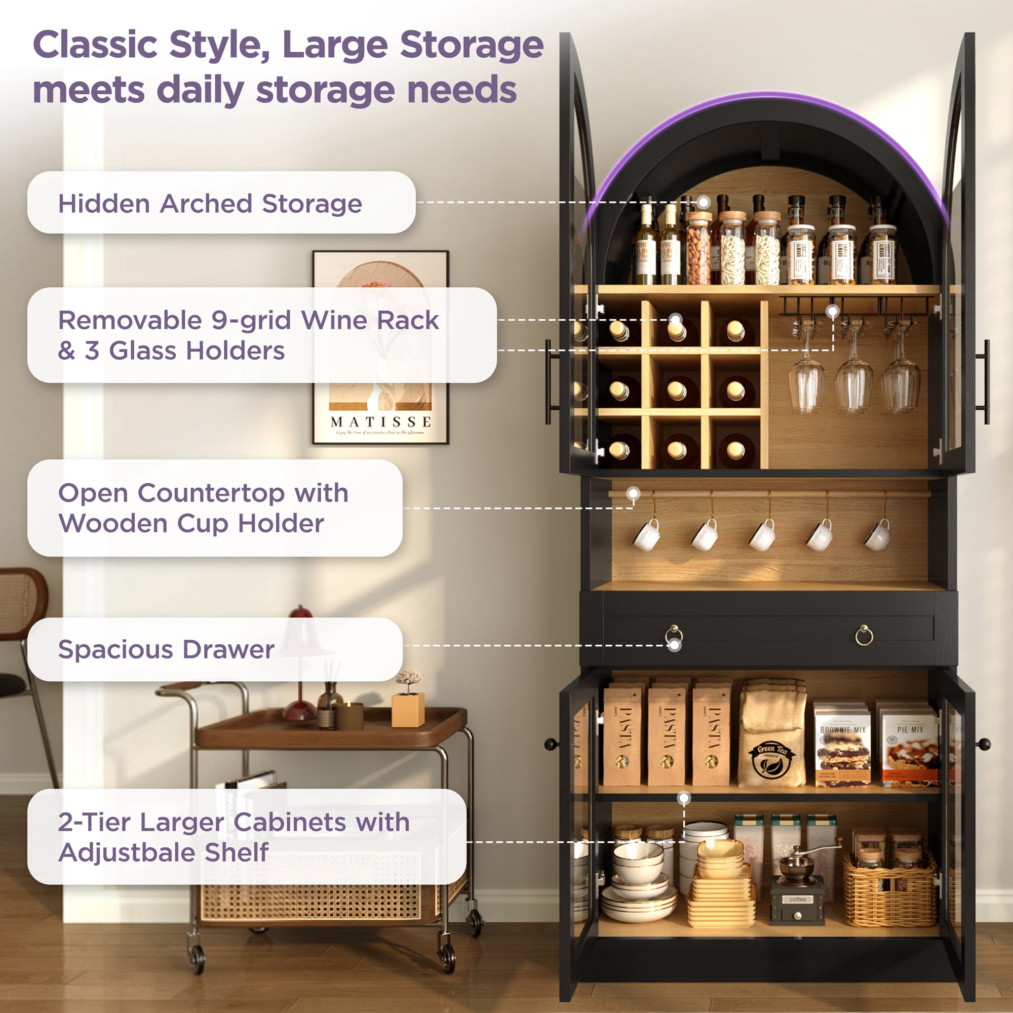 Mintazer 70" Tall Arched Bar Cabinet with Tempered Glass Doors, Freestanding Storage Buffet Sideboard with Removable Wine Rack & Cup Hooks for Dining Room Kitchen Living Room, Black