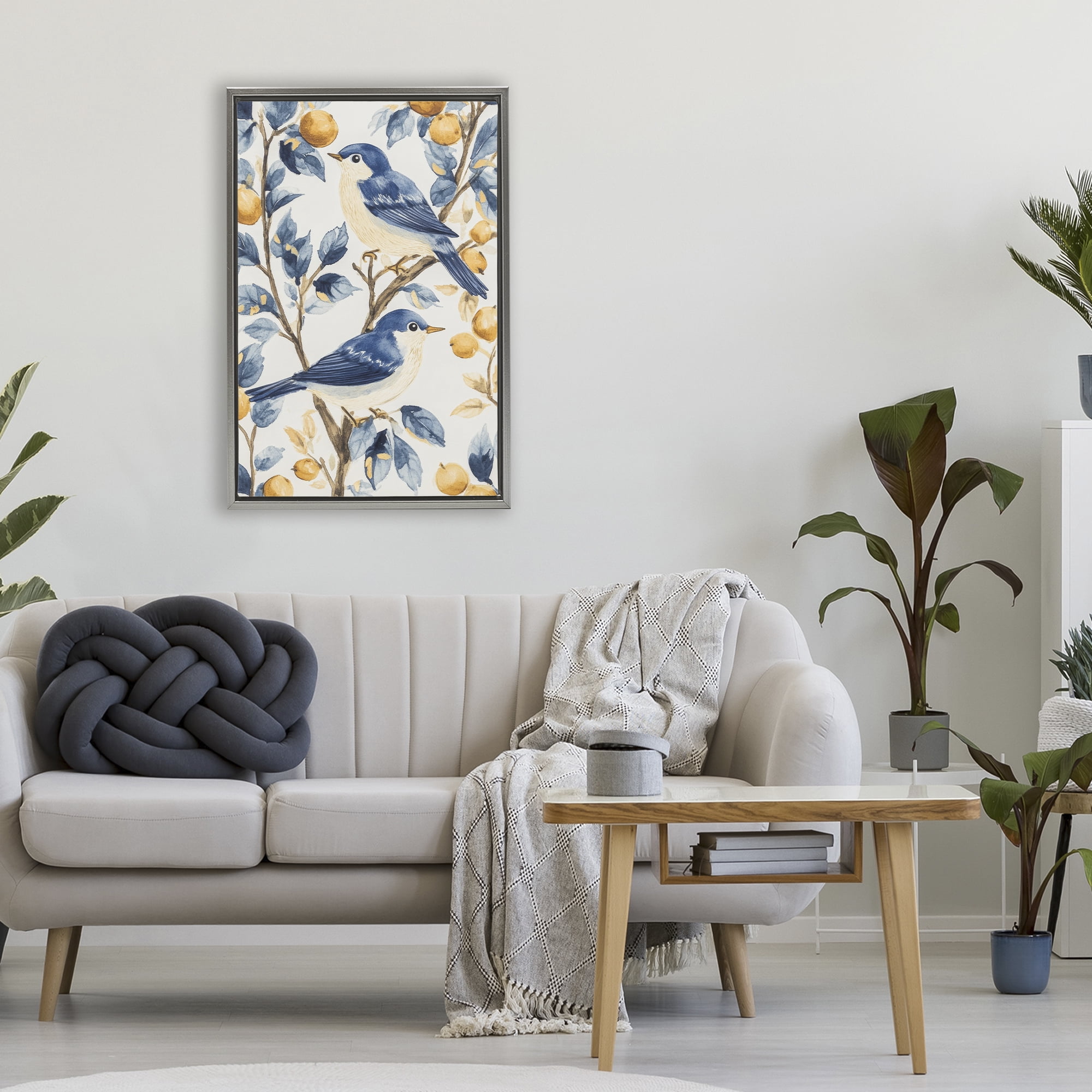 Stupell Industries Sweet Blue Birds on Lemon Branch Gray Framed Floater Canvas Wall Art, design by Petal Prints Design