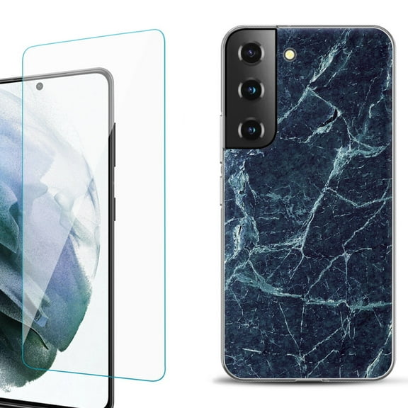 Slim-Fit Fashion Gel Phone Case for Samsung Galaxy S22  5G / S22 Plus 5G, with Tempered Glass Screen Protector, by OneToughShield ® - Marble / Blue