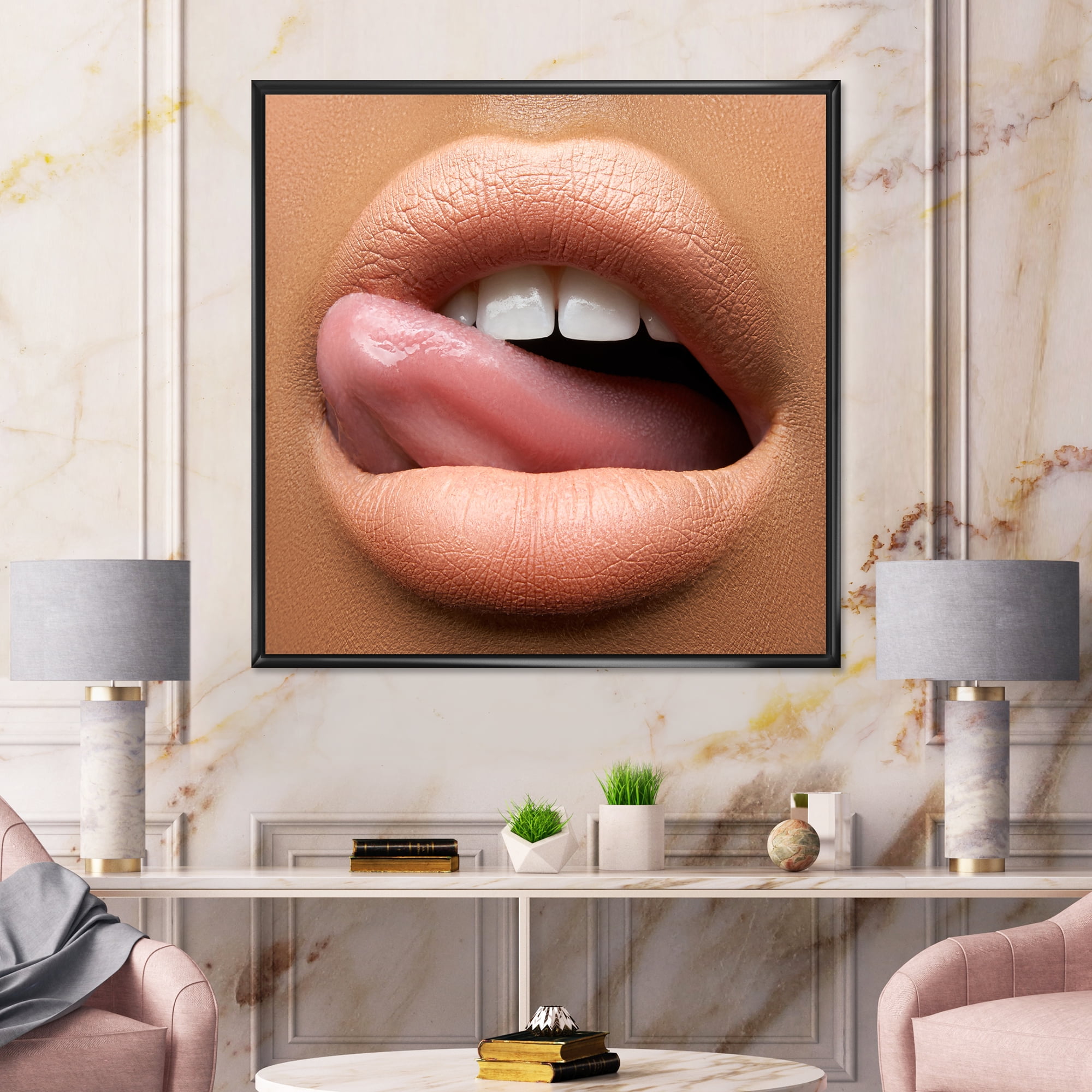 Designart 'Beautiful Dark Skinned Female Tongue Touching Lips' Modern Framed Canvas Wall Art Print