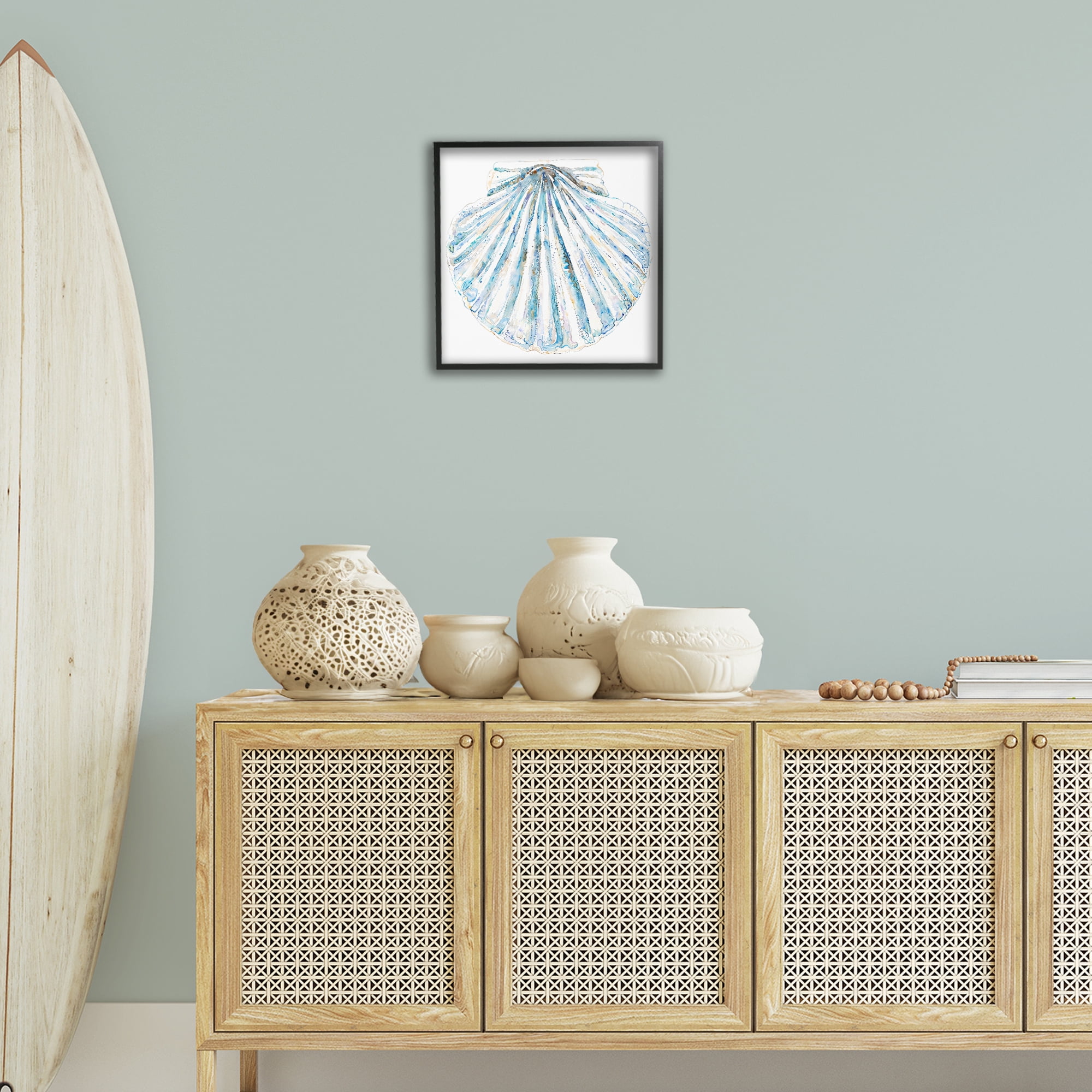 Stupell Industries Clam Shell on White Coastal Painting Black Framed Art Print Wall Art, 17 x 17