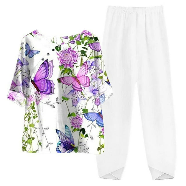ICHUANYI Clearance Women's Summer Printed Short Sleeve Half Sleeve Round Neck Cropped Top + Casual Pants Suit Set Two Piece Lounge Set(White, XXL) ICHUANYI WER2023081111421