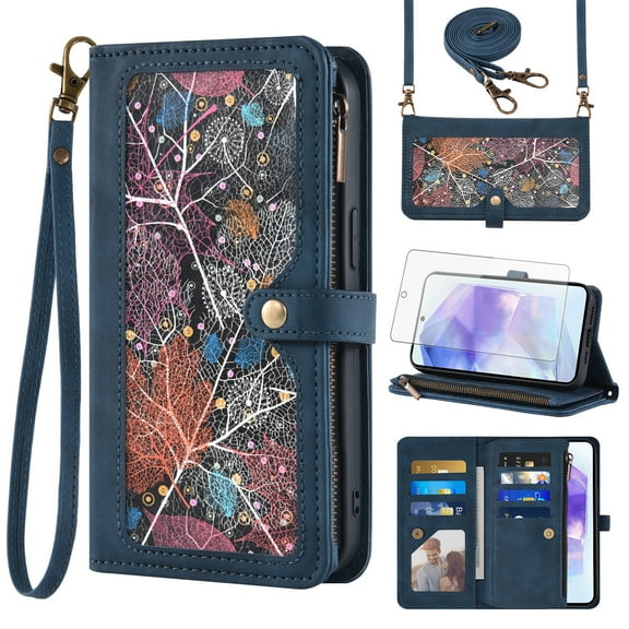 Asuwish Phone Case for Samsung Galaxy A55 5G Wallet Cover With Tempered Glass Screen Protector Crossbody Wrist Strap Flip Pattern Zipper Credit Card Holder Stand Cell A 55 55A A555G Women Men Blue