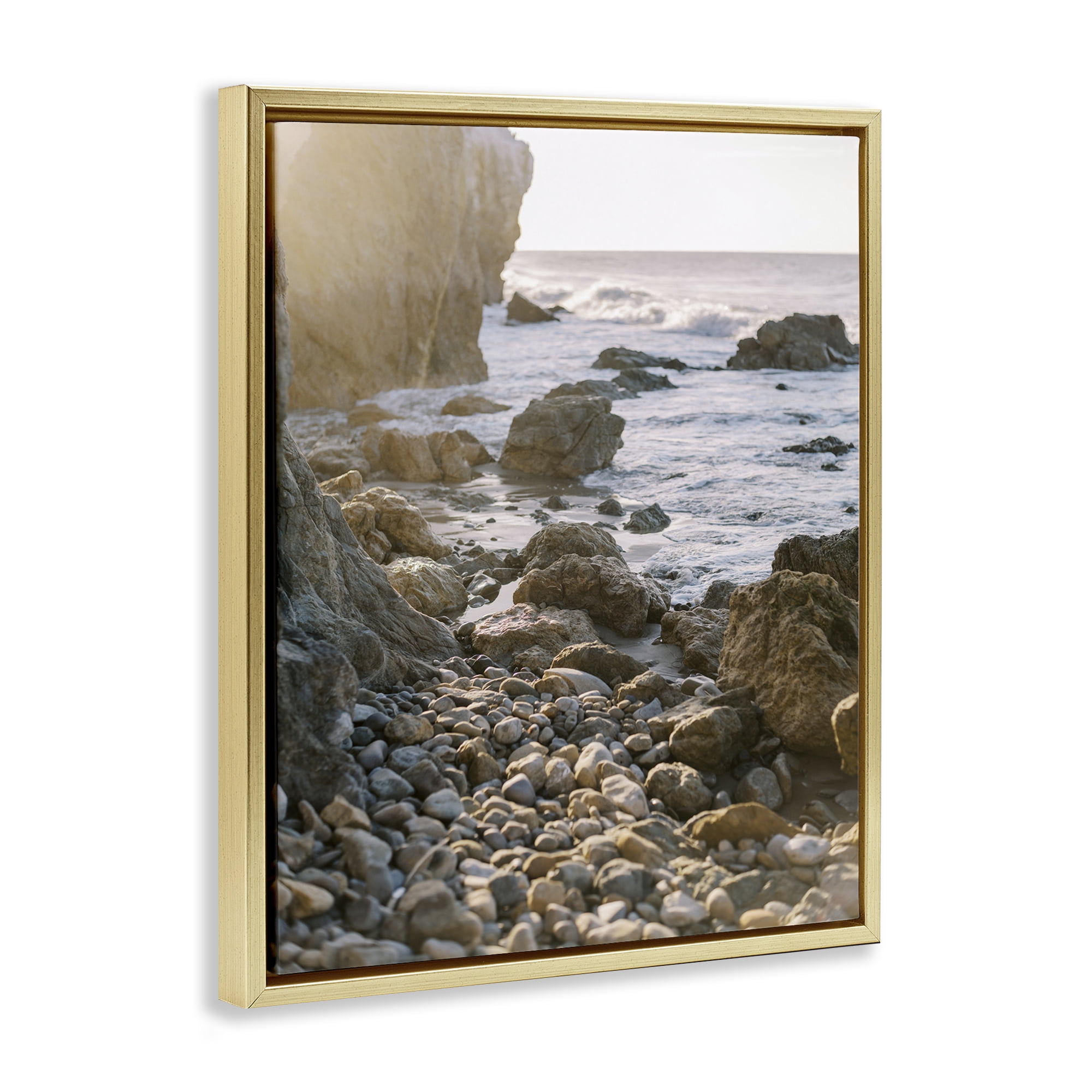 Stupell Industries Rocky Coast Waves Landscape Photography Gold Floater Framed Canvas Art Print Wall Art, 17 x 21