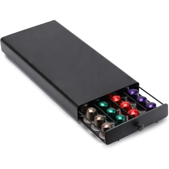 Coffee Pod Capsule Drawer Countertop Organizer Compatible for Nespresso,Metal Coffee Pod Holder 40 Capsules Capacity for Office Kitchen Counter