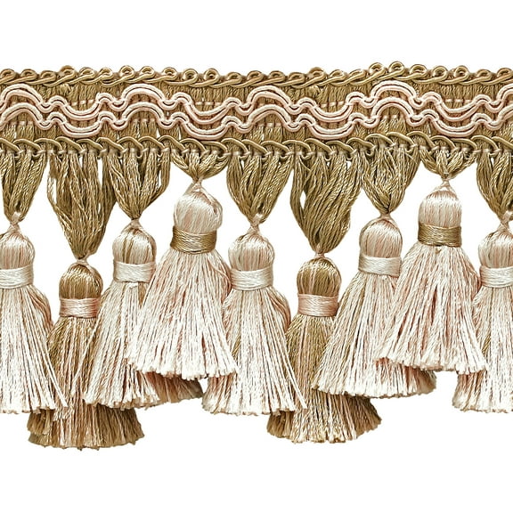 3 3/4" (9.5cm) Imperial Scroll Gimp with Soft Sheen Tiered Tassel Fringe Trim # TFI2,, White Sands #4001 (White Ivory, Cream Ivory, Light Beige) Sold By The Yard (36"/3 ft/0.9m)