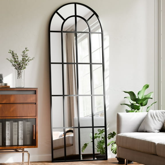 YVANLA 24"x65" Arched-Top Window Pane Full Length Mirror Wall-Decor Mirror, Black