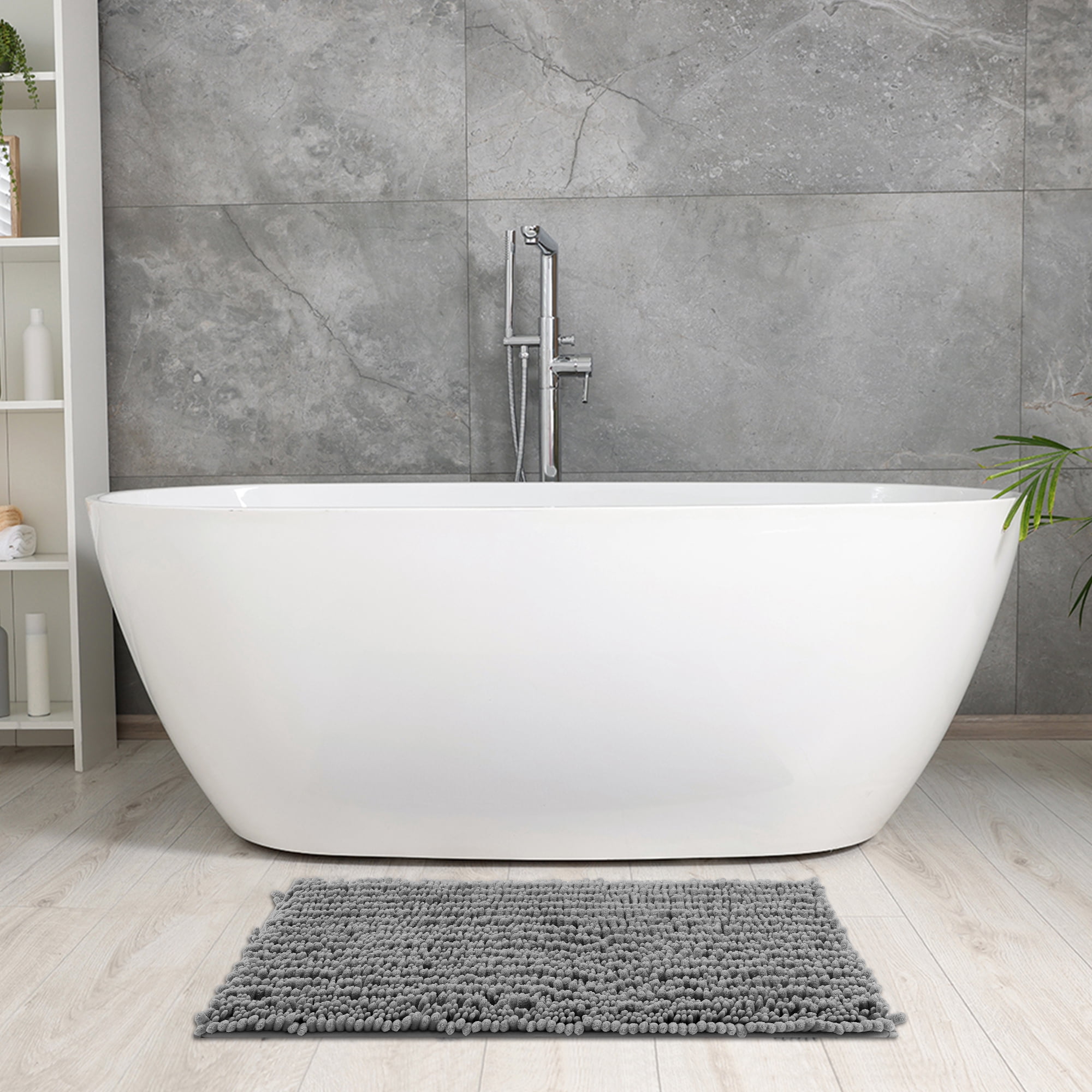 Unique Bargains Chenille Bathroom Rugs Non-Slip Bath Rugs Plain Washable Soft Shower Mat Gray 16" x 24"