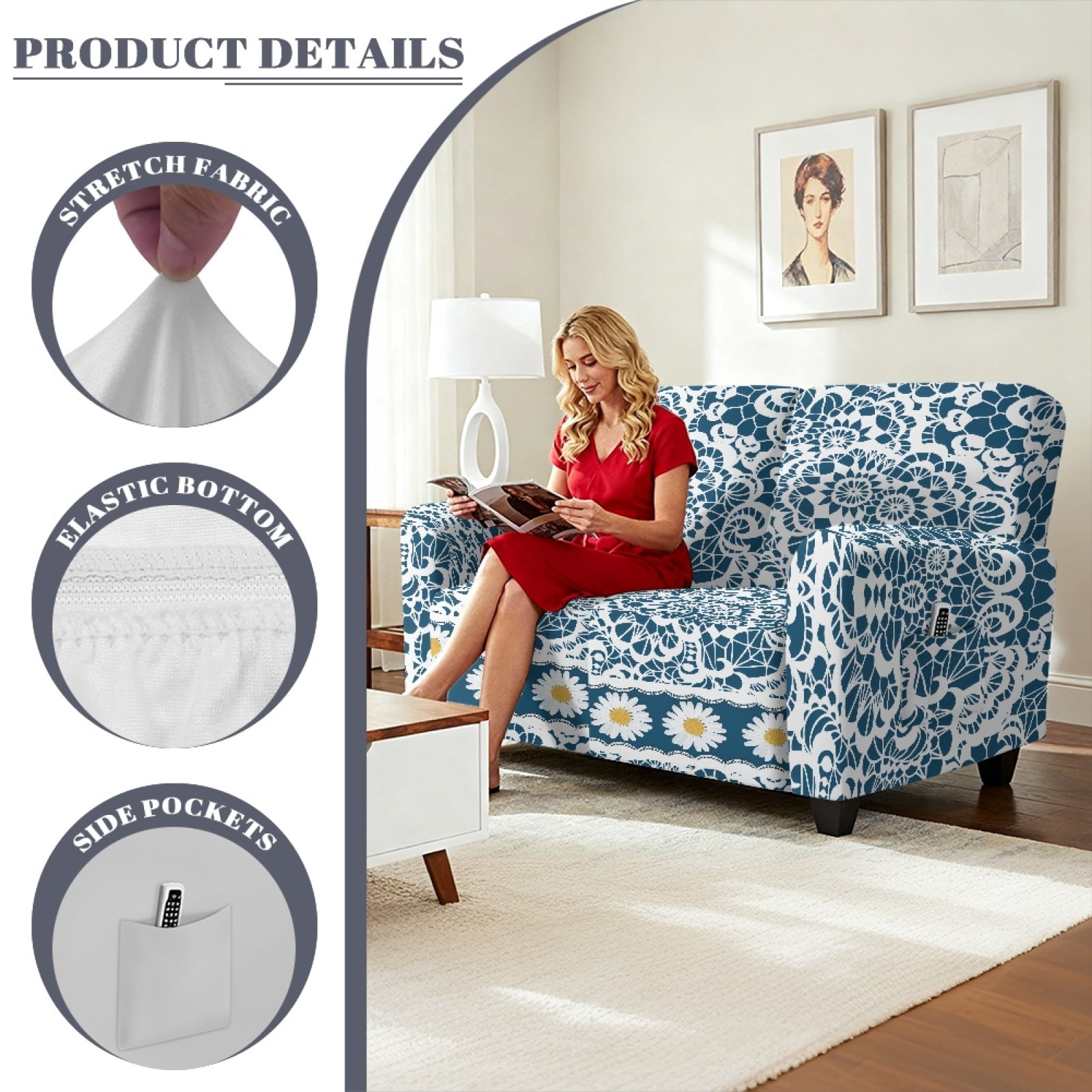 Xoenoiee Blue Daisy Floral Print Reclining Loveseat Cover, Stretch Loveseat Recliner Covers 2 Seater Loveseat Covers for Reclining Loveseat with Pockets Soft Double Recliner Cover for Kids, Pets
