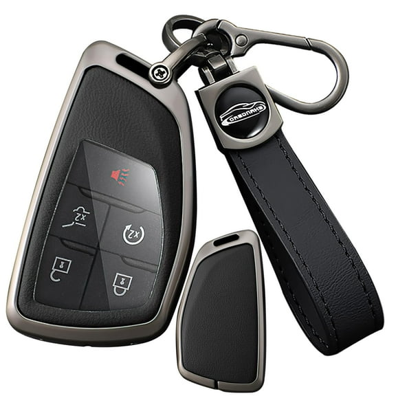Metal & Leather 3/4/5/6 Button Key Fob Cover Compatible with Buick Envision Avenir 2024 Fit for Chevy Tahoe Suburban Fit for GMC Yukon Denali Silverado Keyless with Leather Keychain