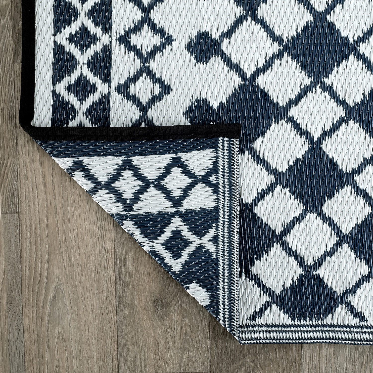 World Rug Gallery Contemporary Bohemian Geometric Reversible Recycled Plastic Outdoor Picnic Mat, Camping Rug, RV Rug - NAVY 5'x7'