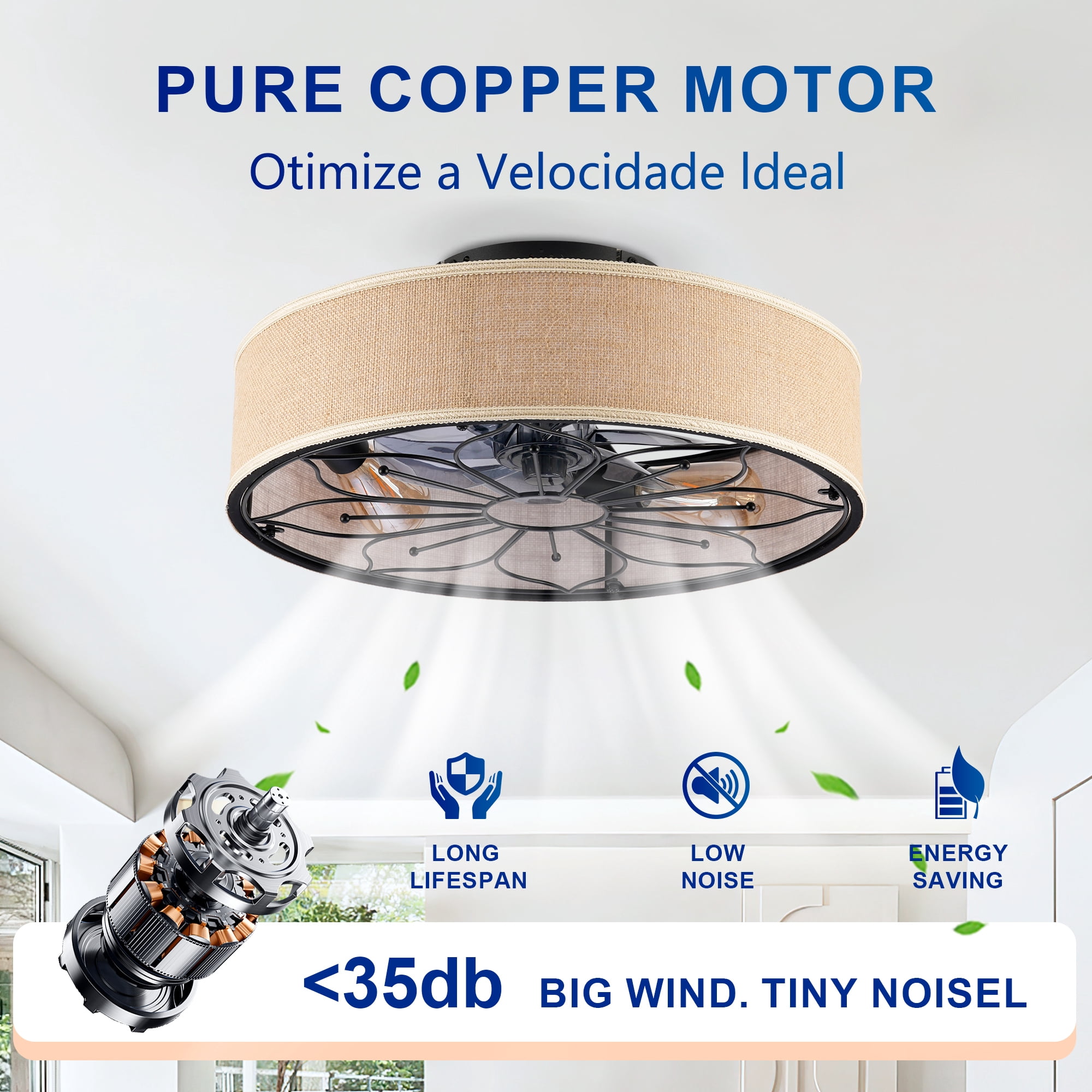 Leumius 20" Fabric Farmhouse Ceiling Fan with Light and Remote Control,Low Profile Modern Enclosed Ceiling Fans with Reversible Motor for Living Room,Bedroom,Kitchen Brown (NOT Included Bulbs)
