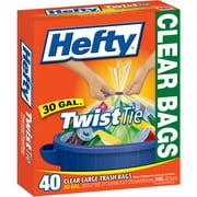 Hefty 30 Gallon Twist Tie Clear Large Trash Bags, 40 Pack