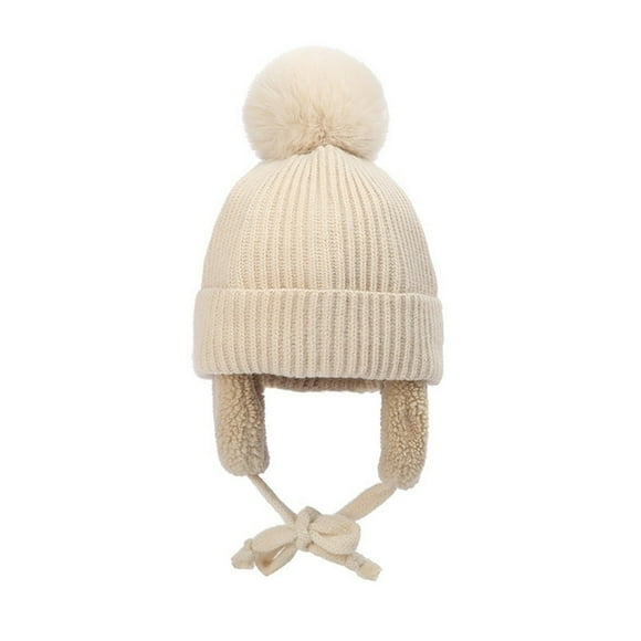 Winter Kids Hat with Plush Ear Flap Knitting Thick Beanie Cap Rib Cuff Pom Lined Warm Hat Gift for Christmas Year‘s